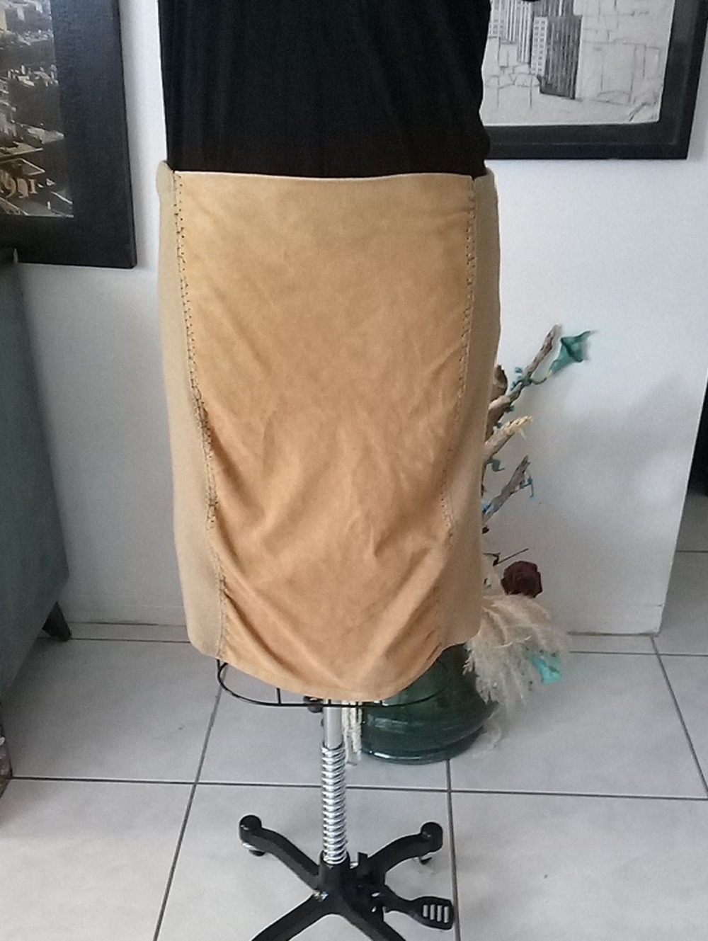 DKNY Tan Pencil Skirt With Suede Panel